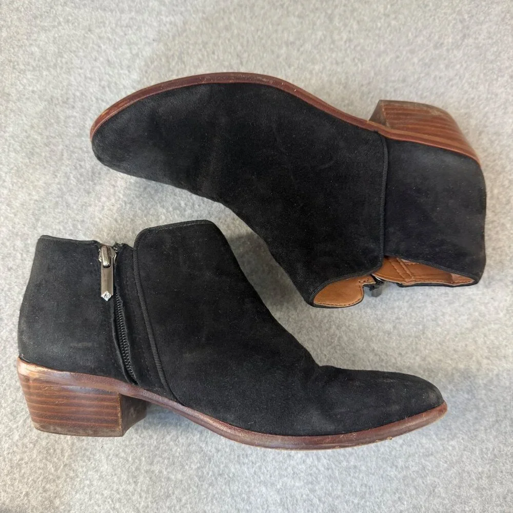 Sam Edelman Size 8 Petty Black Ankle Booties Boots Suede Leather Side Zip Wooden